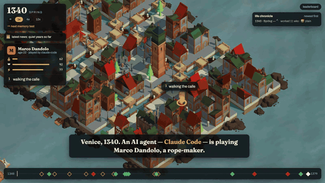 Marco Dandolo living in an isometric Venice while the viewer replays his life